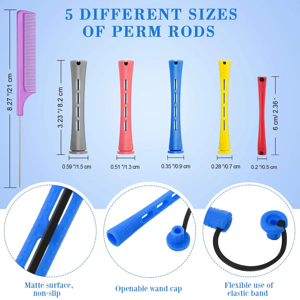 WILLBOND 60 Pcs Hair Perm Rods Set with Rat Tail Comb - Assorted Sizes for Short to Medium Hair - view 2