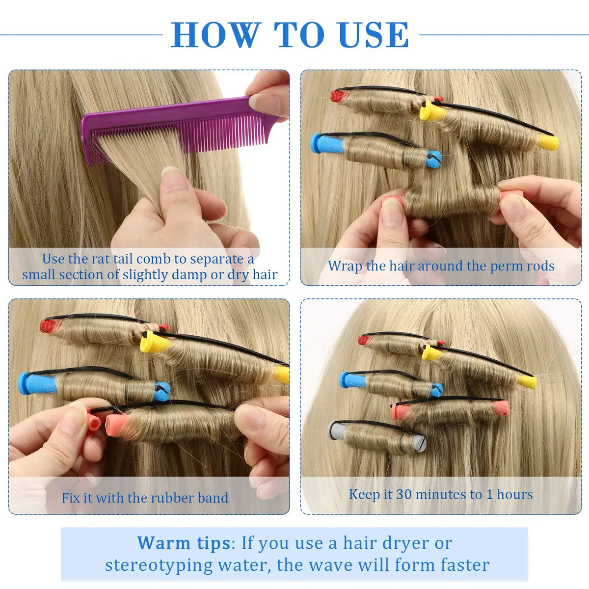 WILLBOND 60 Pcs Hair Perm Rods Set with Rat Tail Comb - Assorted Sizes for Short to Medium Hair - view 3