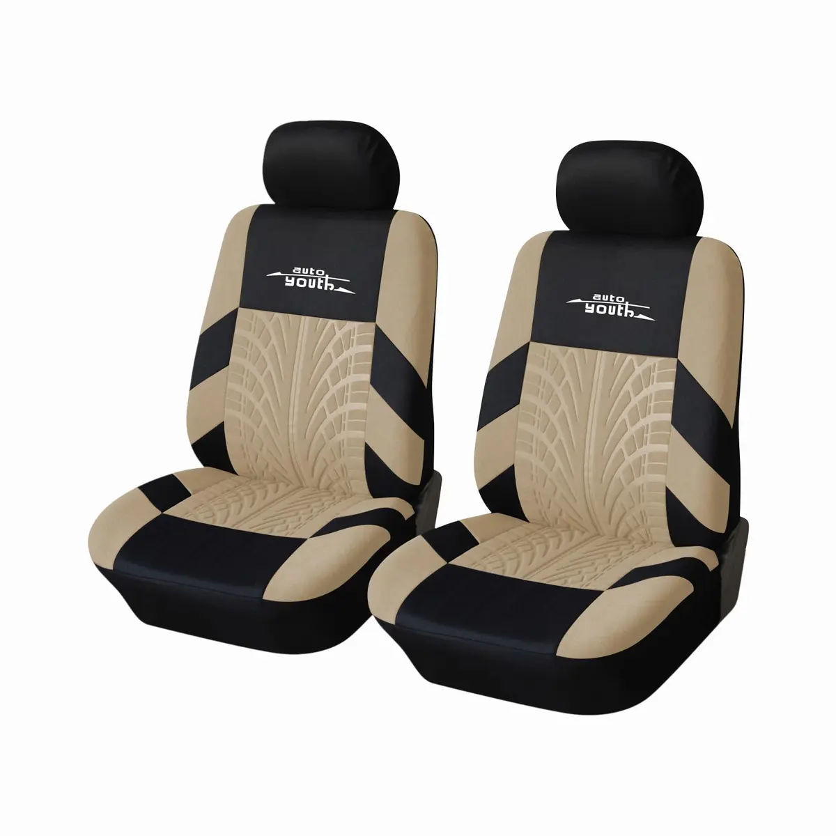 AUTOYOUTH Beige Seat Covers Front Seats Only, 3D Tyre Embossed Breathable Bucket Covers, Airbag Compatible, Quick Setup Universal Fit for Sedan, SUV, Truck, Van - main product image