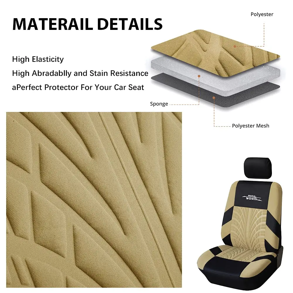 AUTOYOUTH Beige Seat Covers Front Seats Only, 3D Tyre Embossed Breathable Bucket Covers, Airbag Compatible, Quick Setup Universal Fit for Sedan, SUV, Truck, Van - view 5