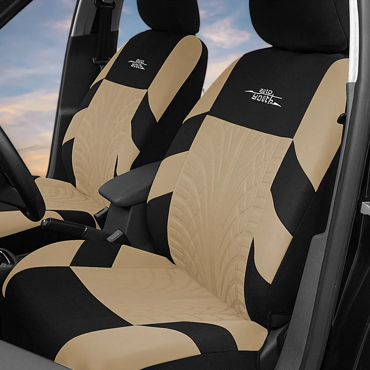 AUTOYOUTH Beige Seat Covers Front Seats Only, 3D Tyre Embossed Breathable Bucket Covers, Airbag Compatible, Quick Setup Universal Fit for Sedan, SUV, Truck, Van - view 2