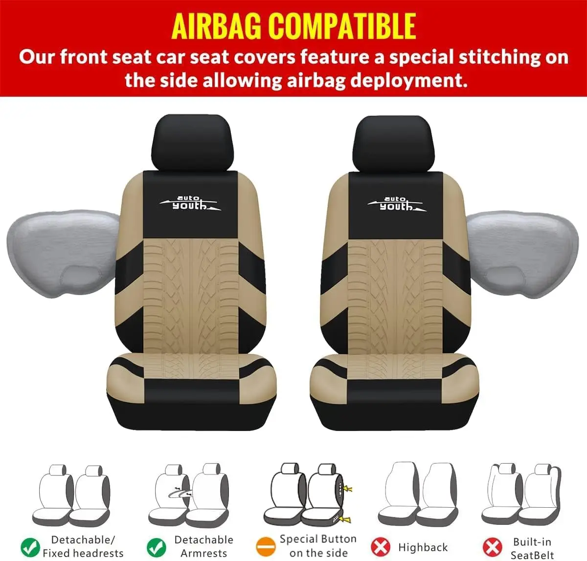AUTOYOUTH Beige Seat Covers Front Seats Only, 3D Tyre Embossed Breathable Bucket Covers, Airbag Compatible, Quick Setup Universal Fit for Sedan, SUV, Truck, Van - view 4