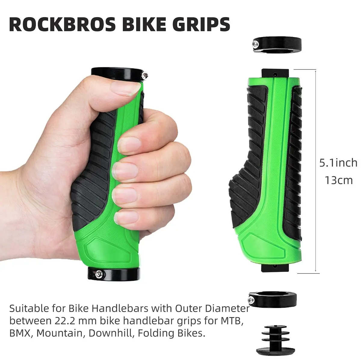 ROCKBROS Handlebar Grips Aluminum Lock-on Anti-Slip Green | Ergonomic MTB & BMX - view 8