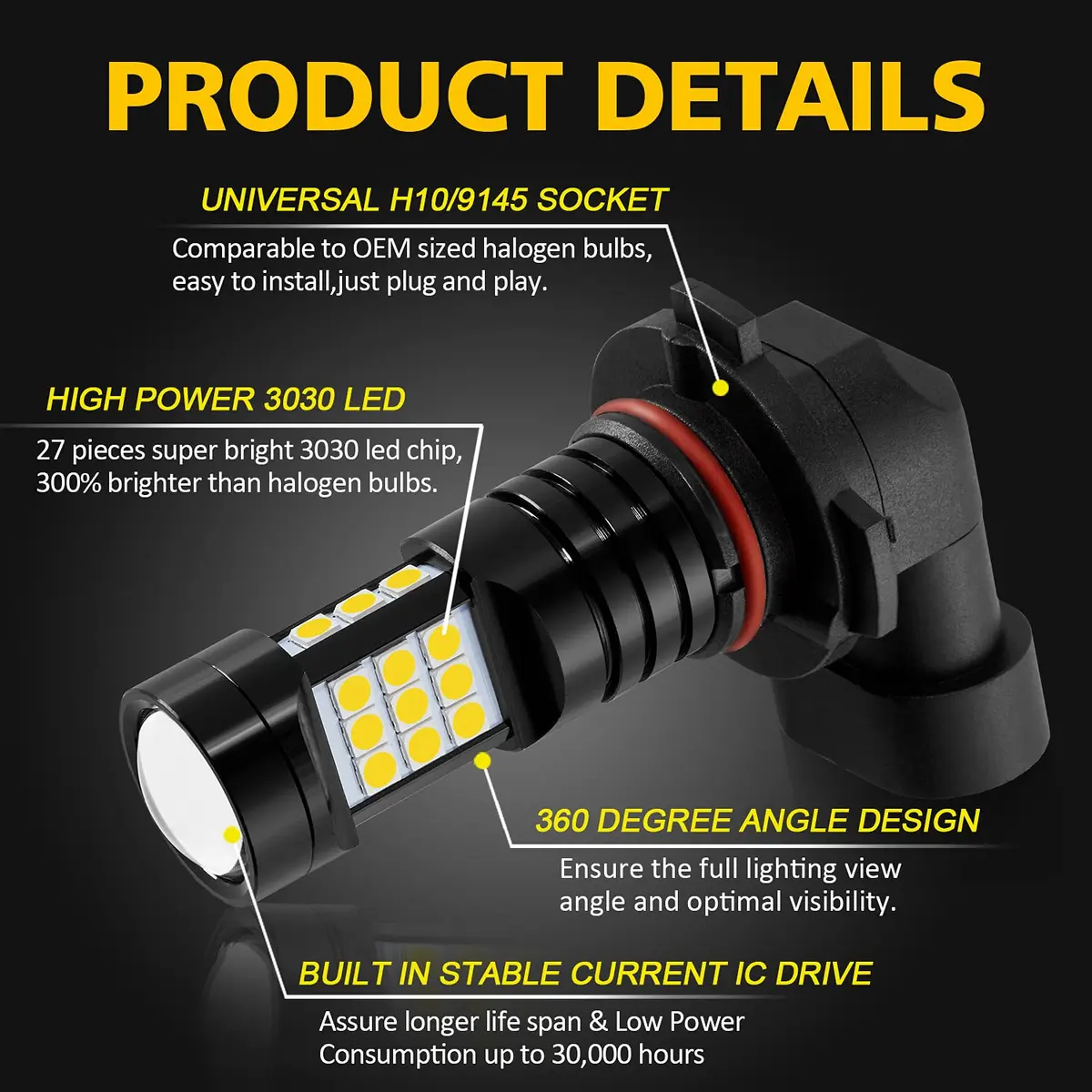 AUXLIGHT H10 LED Fog Light DRL Bulbs 2400 Lumens Golden Yellow | Extremely Bright Fog Light Replacement - view 4