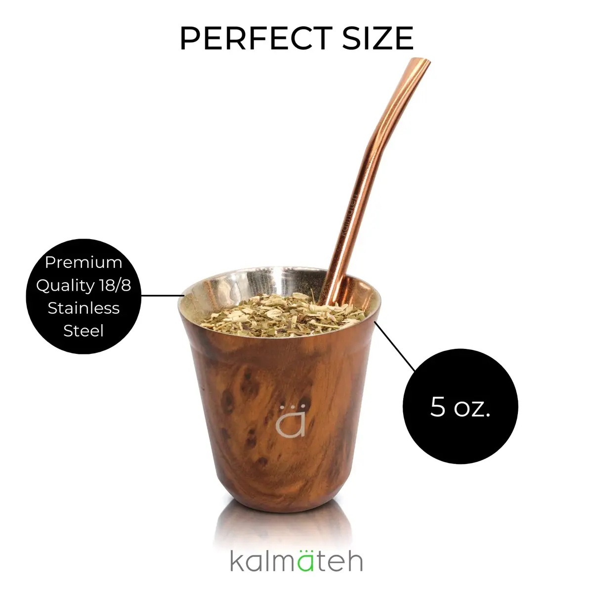 Kalmateh Petite Yerba Mate Gourd 150ml (5oz) with Bombilla Straw & Cleaning Brush | Insulated Stainless Steel for Hot or Cold Drinks - view 6