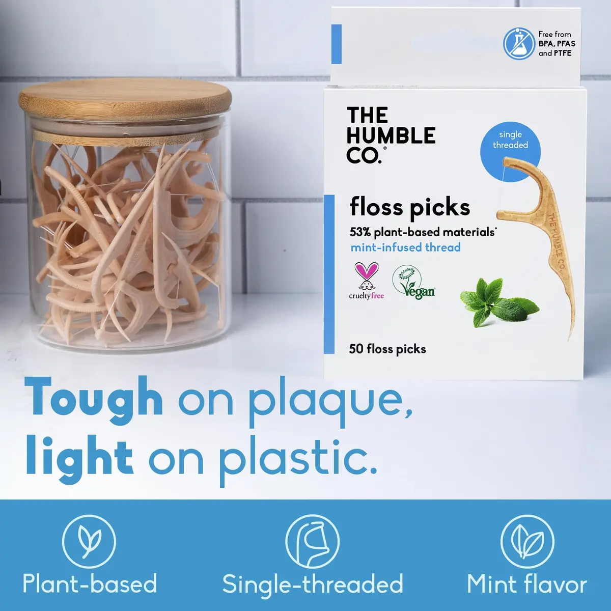 The Humble Co. Mint Dental Floss Picks Single Thread 200 Count | Plant-Based Materials, Shred-Resistant Thread - view 2