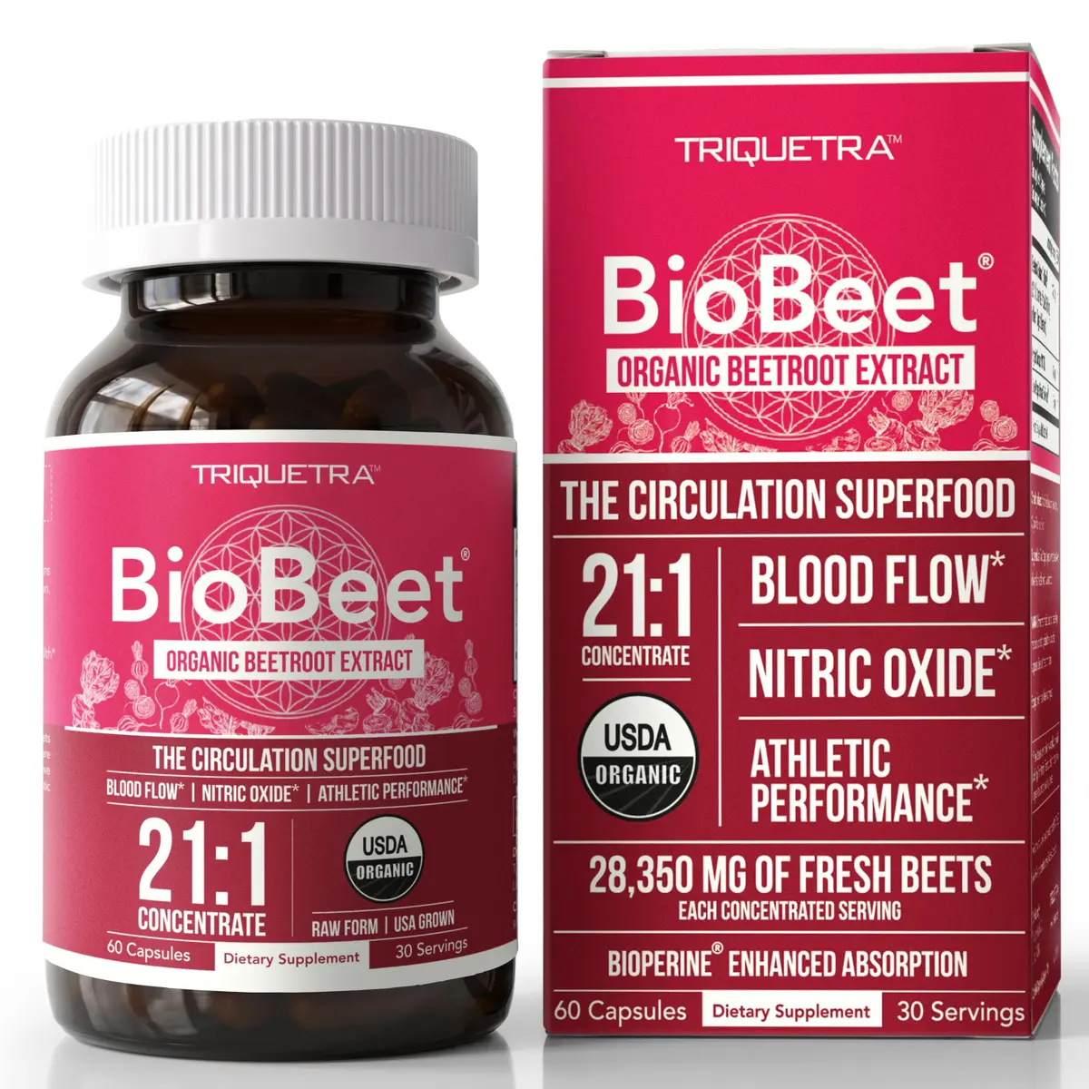 Triquetra Health BioBeet Organic Beet Root Capsules + BioPerine, 21:1 Concentrate Supplement | Max Strength, Supports Blood Flow & Nitric Oxide, 28350mg Organic Beetroot, Vegan, 60 Capsules - main product image