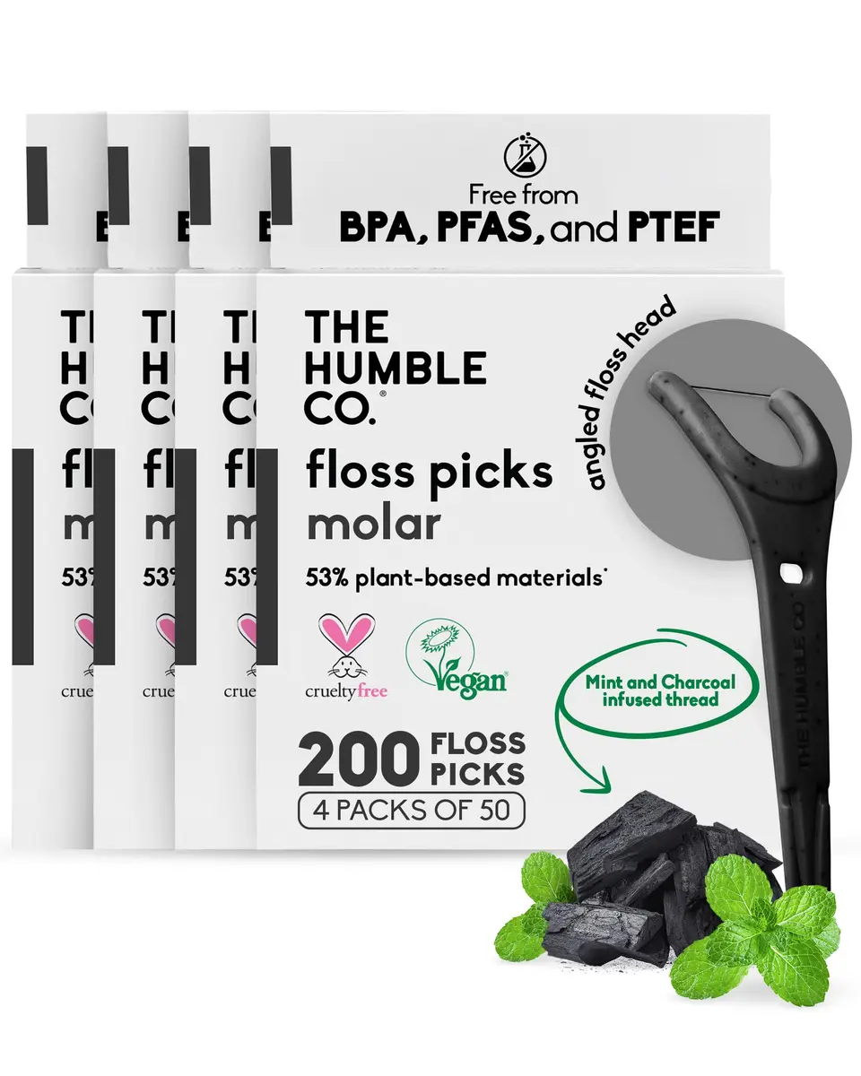 The Humble Co. Molar Floss Picks Charcoal 200 Count | Plant-Based & Shred-Resistant - main product image