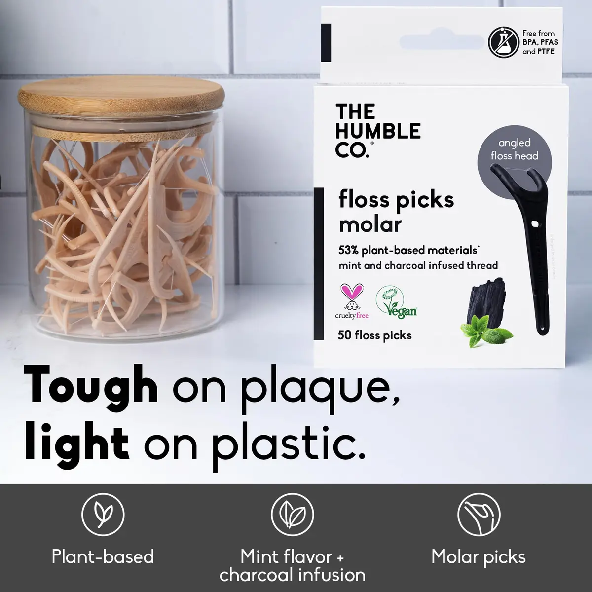 The Humble Co. Molar Floss Picks Charcoal 200 Count | Plant-Based & Shred-Resistant - view 2