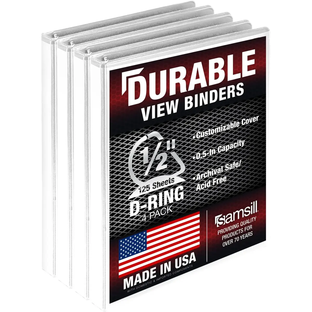 Samsill 0.5 Inch D-Ring Binder, White, 4 Pack | Holds 125 Pages, Recycled Chipboard, Clear View Cover - main product image