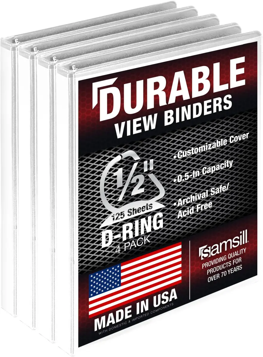 Samsill 0.5 Inch D-Ring Binder, White, 4 Pack | Holds 125 Pages, Recycled Chipboard, Clear View Cover - main product image