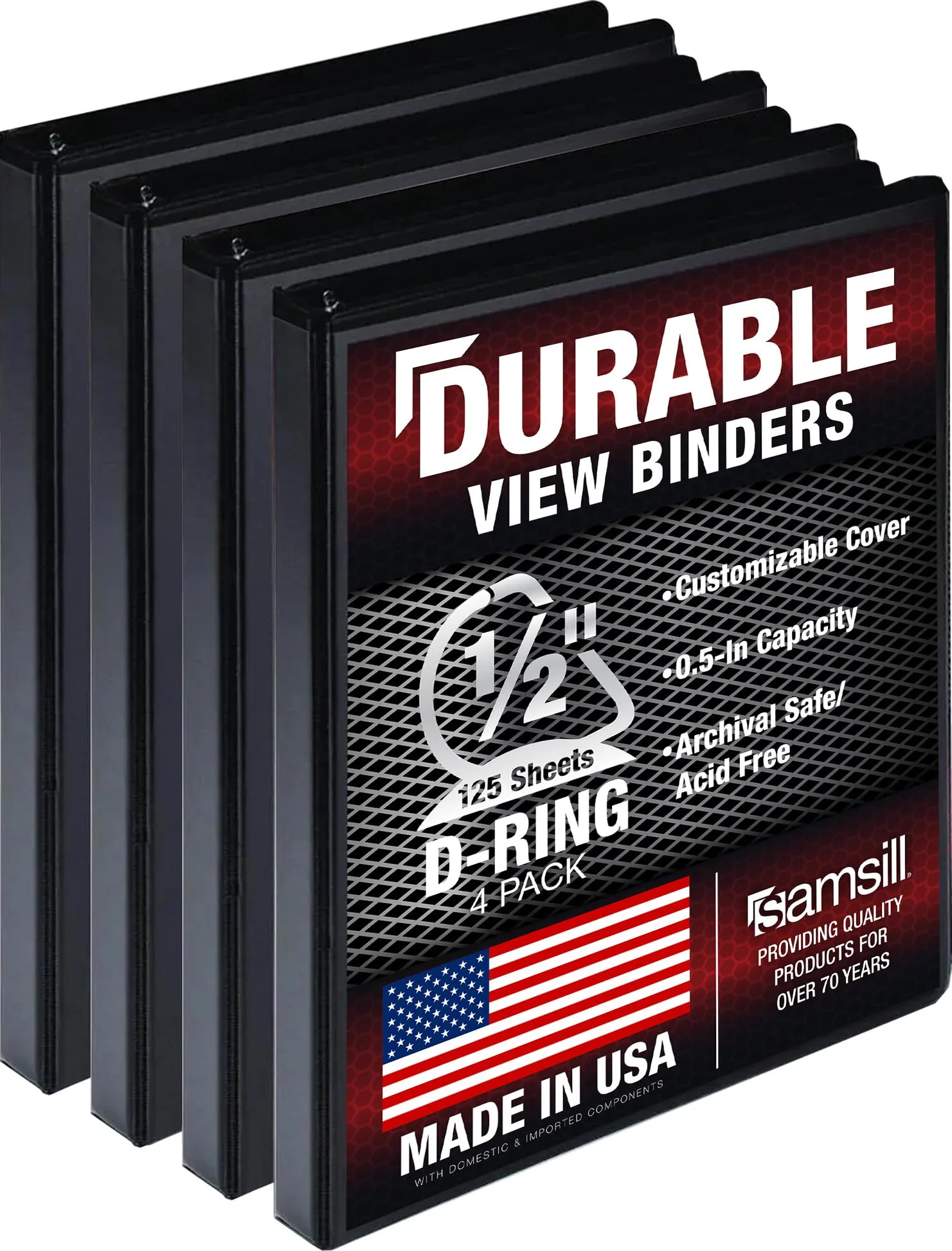 Samsill Black 4 Pack 0.5 Inch D Ring Binder | Recycled Chipboard for Office & School - main product image