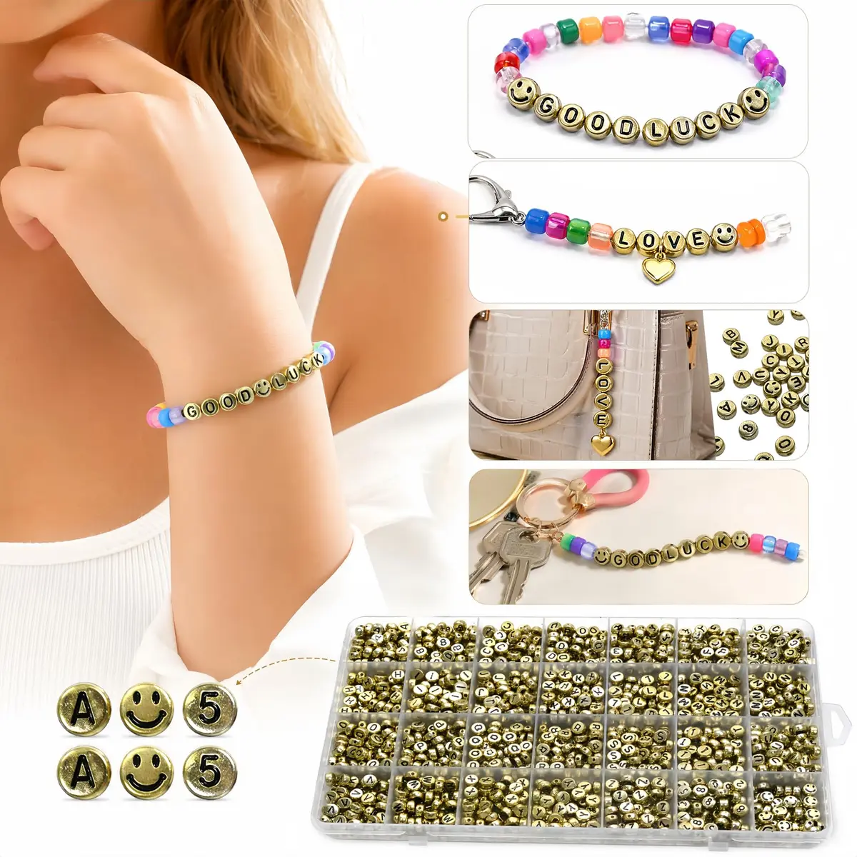 Looconi Gold Letter Beads 1400pcs 7x4mm Round Acrylic Alphabet & Number | Craft Beads for Jewelry Making - view 4