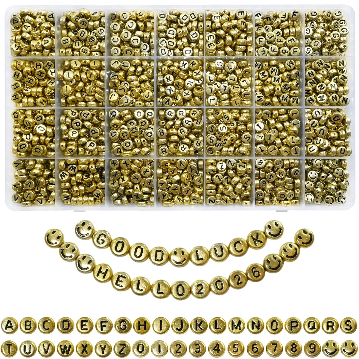 Looconi Gold Letter Beads 1400pcs 7x4mm Round Acrylic Alphabet & Number | Craft Beads for Jewelry Making - main product image