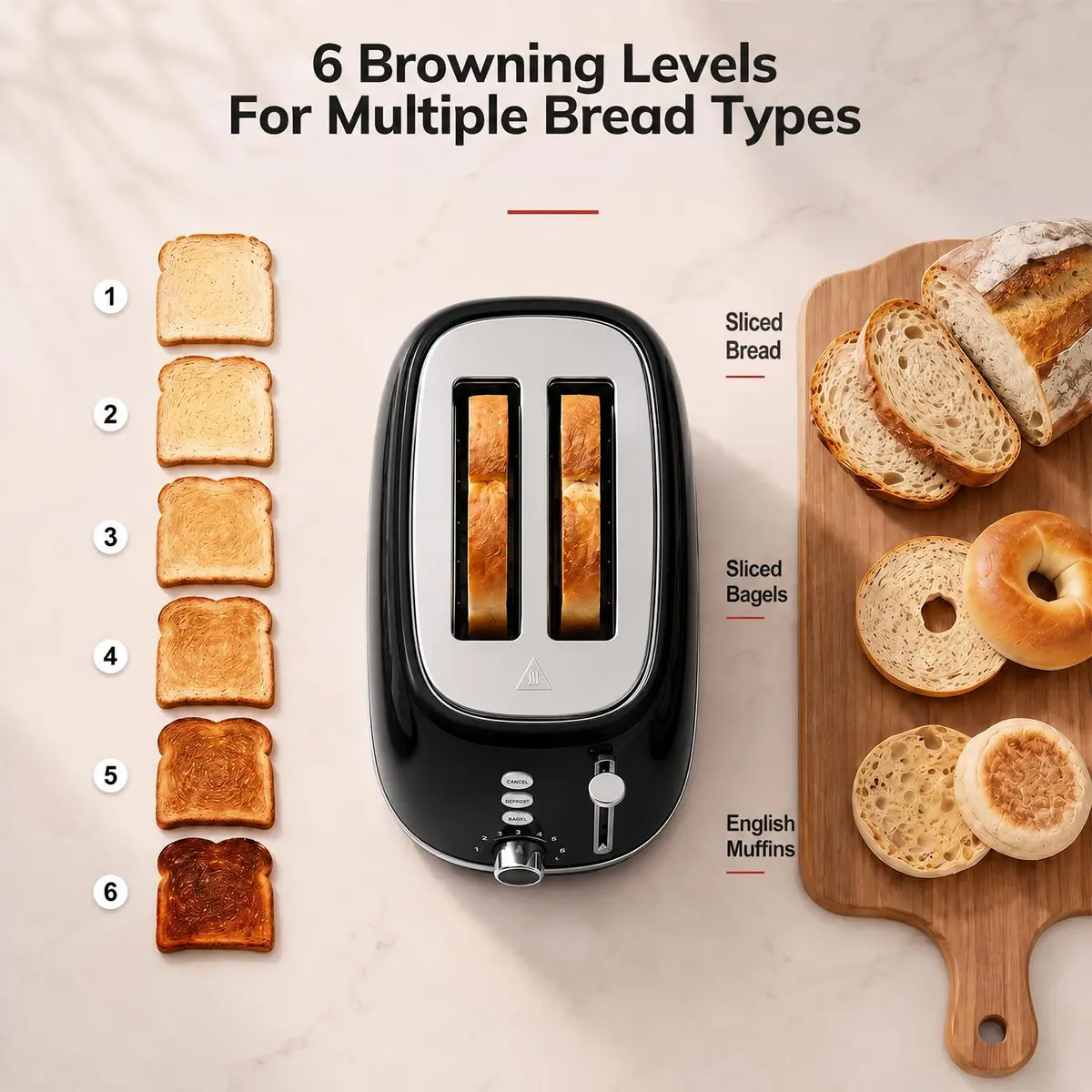 Keenstone Retro 2 Slice Toaster Black 20.3 cm (8 in) | Wide Slot Bagel Defrost Function - view 5