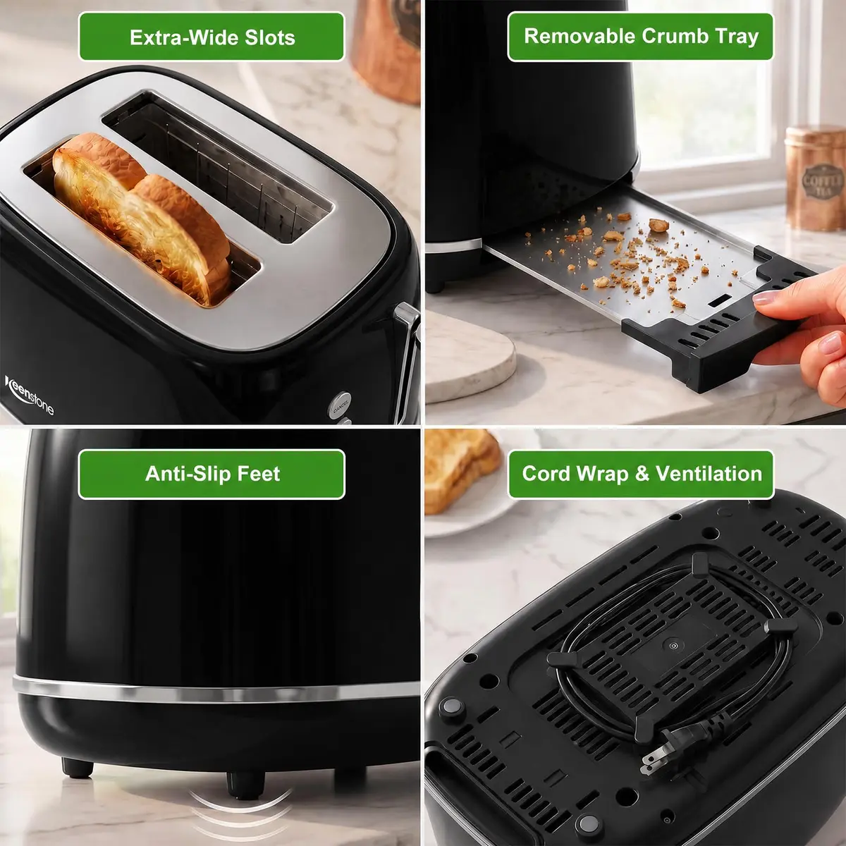 Keenstone Retro 2 Slice Toaster Black 20.3 cm (8 in) | Wide Slot Bagel Defrost Function - view 6