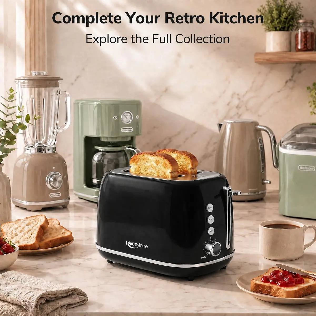 Keenstone Retro 2 Slice Toaster Black 20.3 cm (8 in) | Wide Slot Bagel Defrost Function - view 8