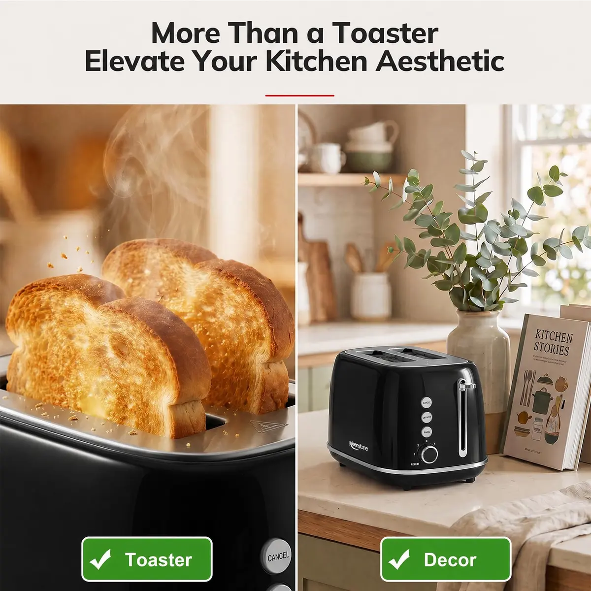 Keenstone Retro 2 Slice Toaster Black 20.3 cm (8 in) | Wide Slot Bagel Defrost Function - view 2