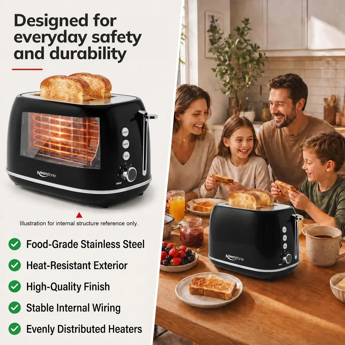 Keenstone Retro 2 Slice Toaster Black 20.3 cm (8 in) | Wide Slot Bagel Defrost Function - view 3