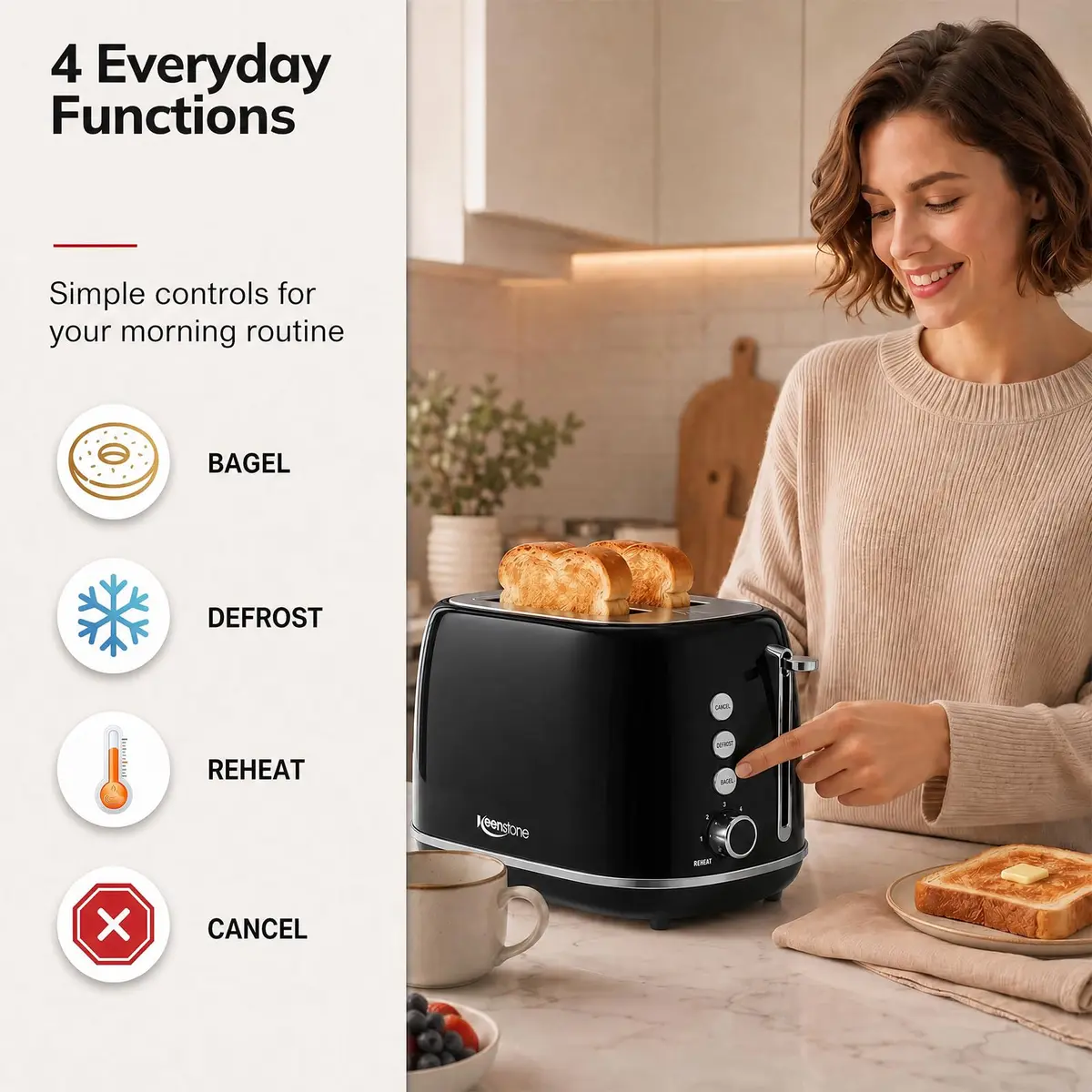 Keenstone Retro 2 Slice Toaster Black 20.3 cm (8 in) | Wide Slot Bagel Defrost Function - view 4