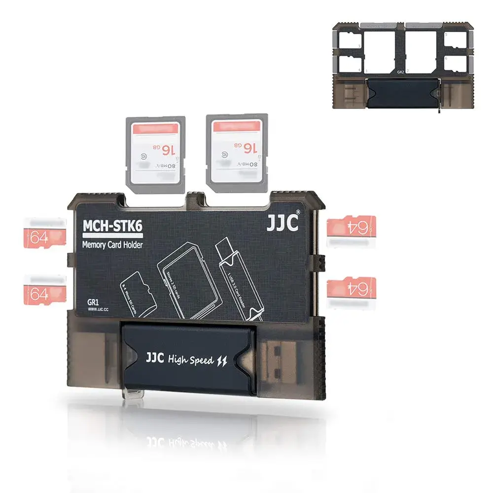JJC 6-Slot Memory Card Holder Case with USB 3.0 Card Reader | Holds 4 Micro SD, 2 SD Cards - main product image