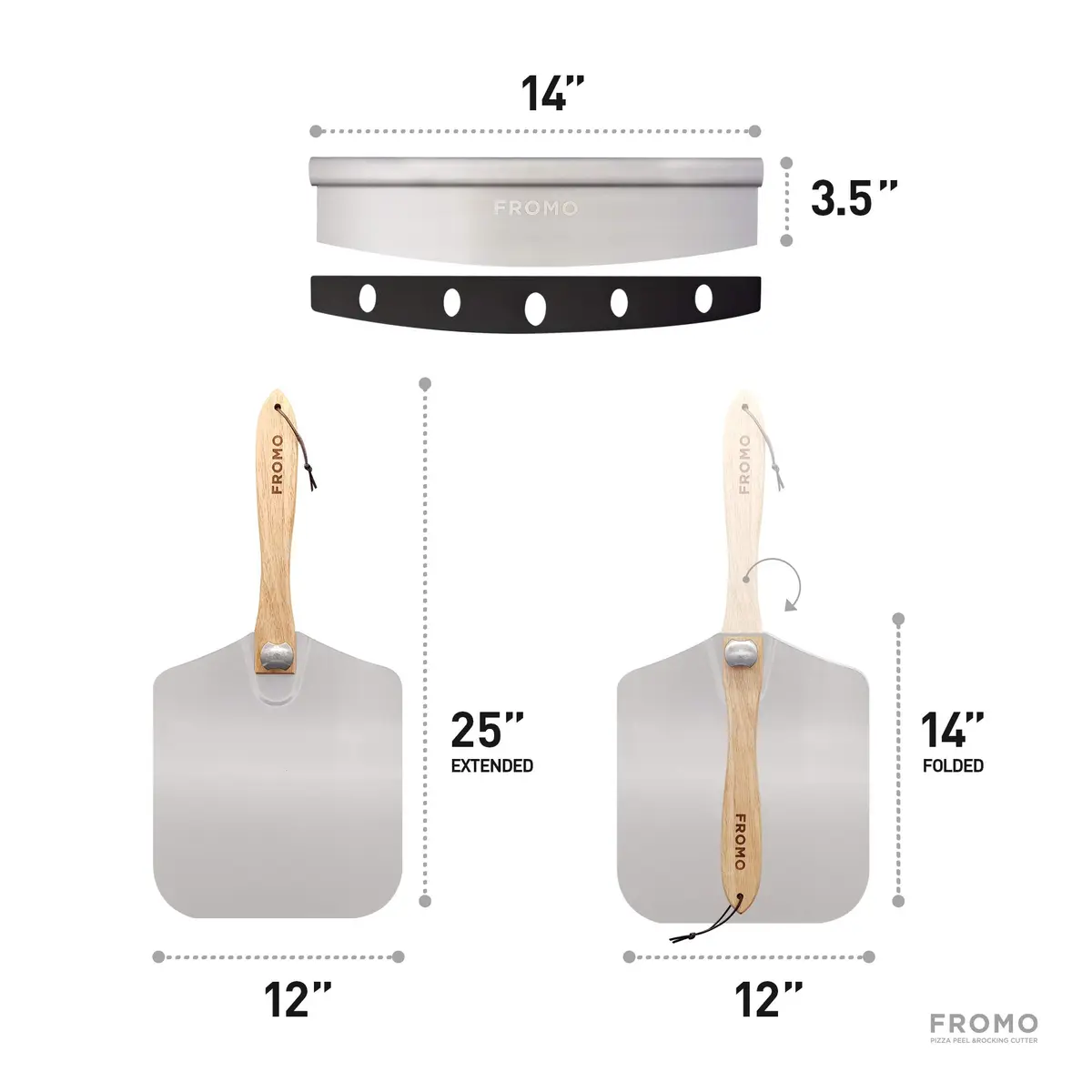 FROMO Premium Aluminum Pizza Peel Set with Foldable Wood Handle & 14" Rocker Cutter | 35.5cm x 30.5cm (14" x 12") - view 5
