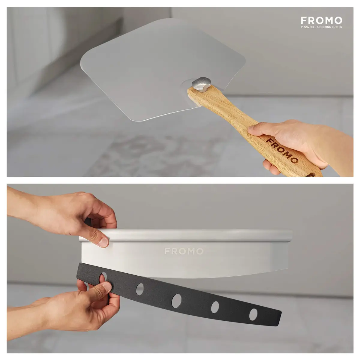 FROMO Premium Aluminum Pizza Peel Set with Foldable Wood Handle & 14" Rocker Cutter | 35.5cm x 30.5cm (14" x 12") - view 6