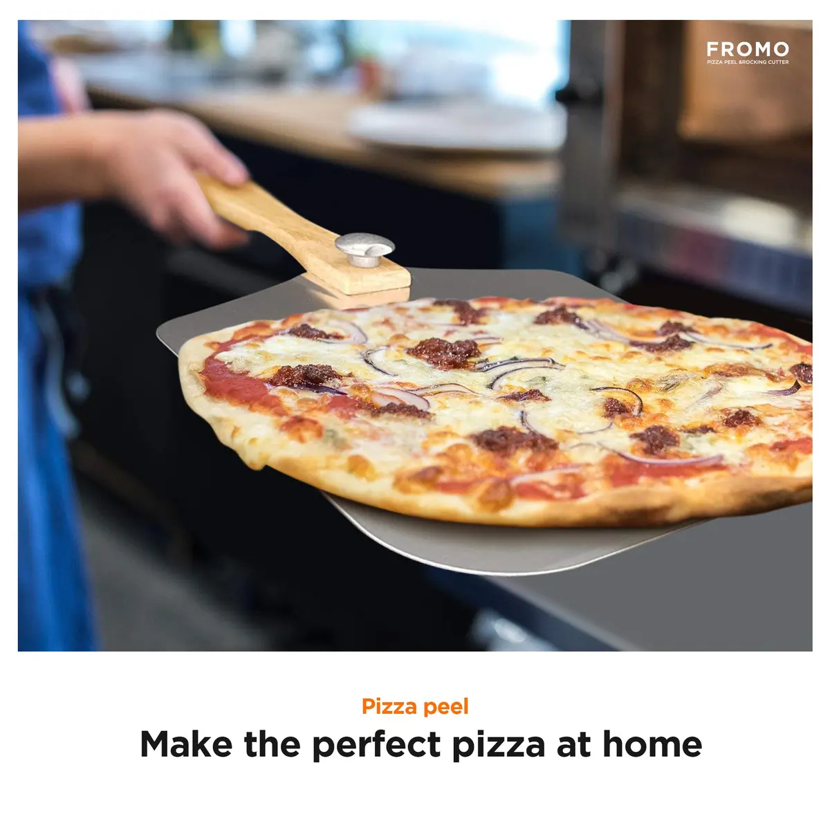 FROMO Premium Aluminum Pizza Peel Set with Foldable Wood Handle & 14" Rocker Cutter | 35.5cm x 30.5cm (14" x 12") - view 8