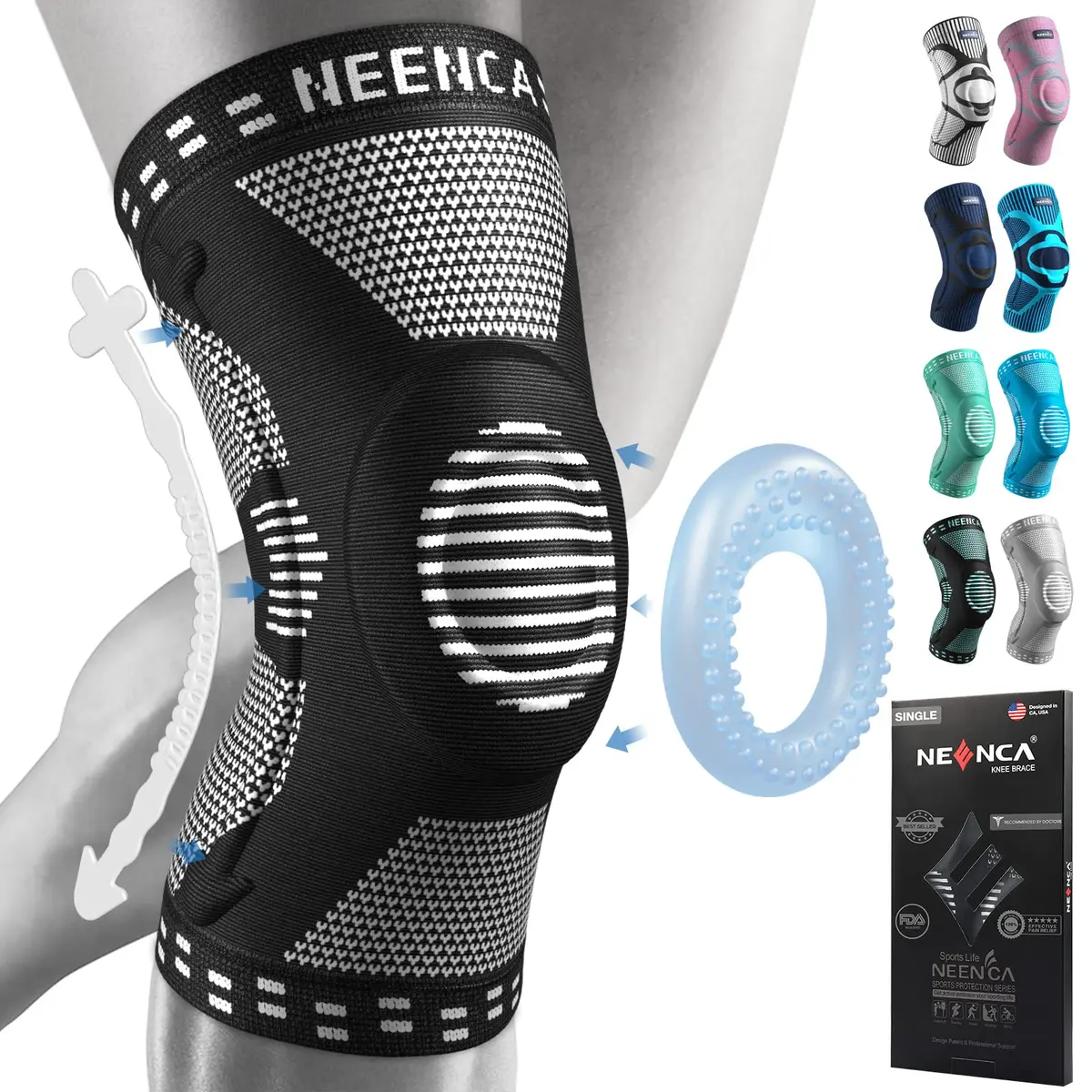 NEENCA Knee Brace for Knee Pain Relief, Compression Knee Sleeves with Patella Gel Pad & Side Stabilizers, Medical Grade Support for Weightlifting, Running, Arthritis, Meniscus Tear (Medium, Black) - main product image