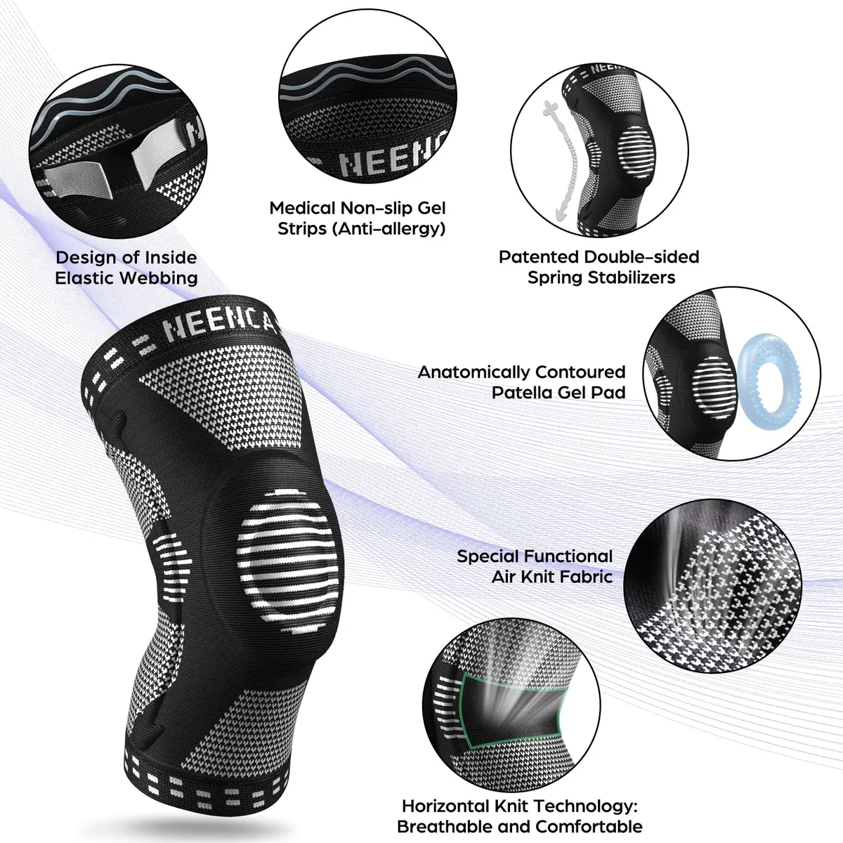 NEENCA Knee Brace for Knee Pain Relief, Compression Knee Sleeves with Patella Gel Pad & Side Stabilizers, Medical Grade Support for Weightlifting, Running, Arthritis, Meniscus Tear (Medium, Black) - view 2