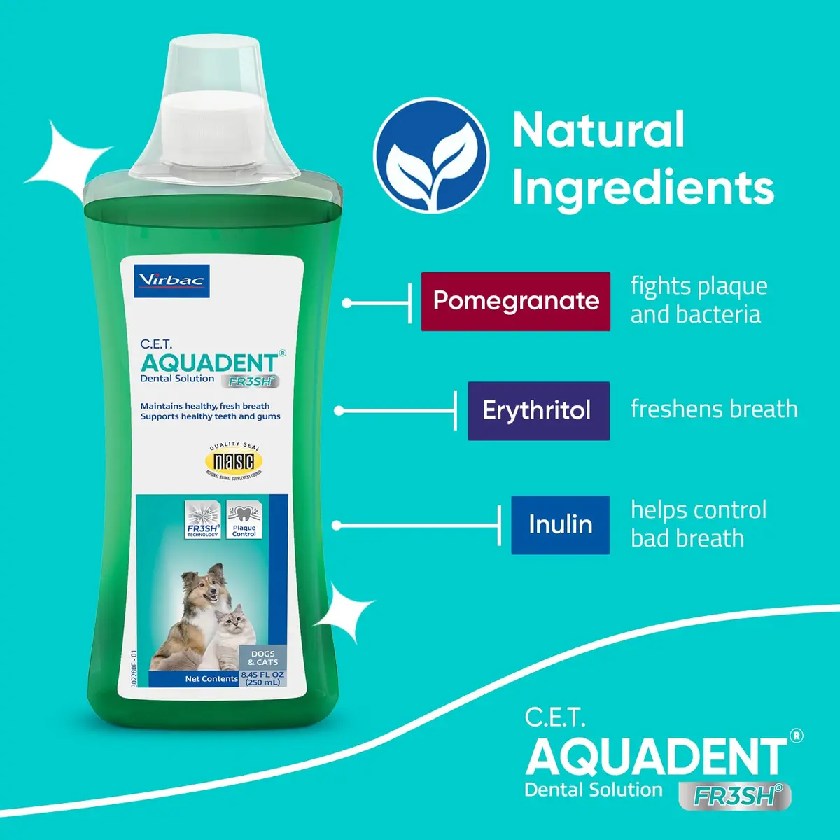 Virbac C.E.T. Aquadent Fr3sh Dental Solution for Dogs & Cats, 250 ml | Natural ingredients for fresh breath - view 4
