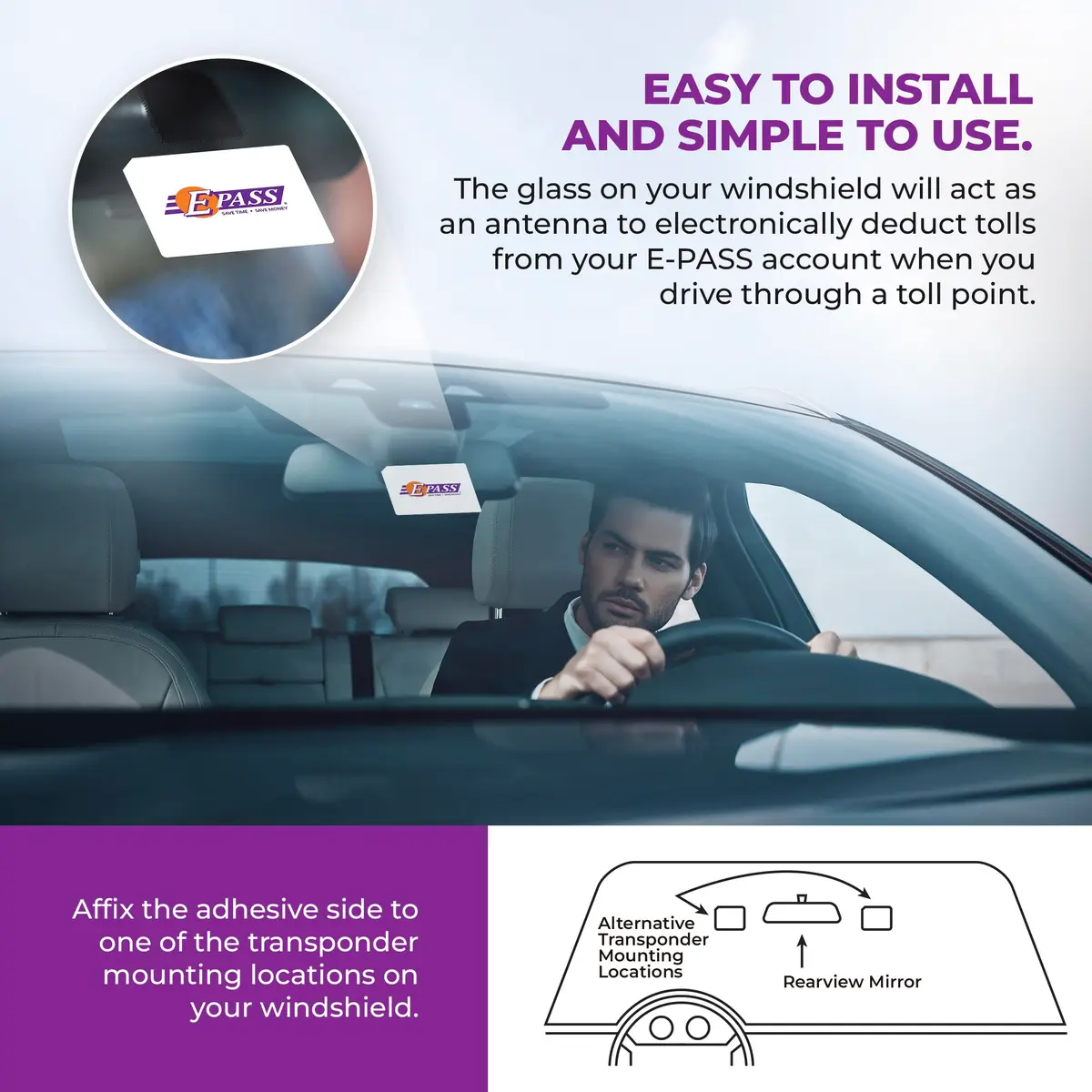 E-PASS Electronic Toll Sticker; Works on Toll Roads in FL, GA & NC | Universal Fit - view 3