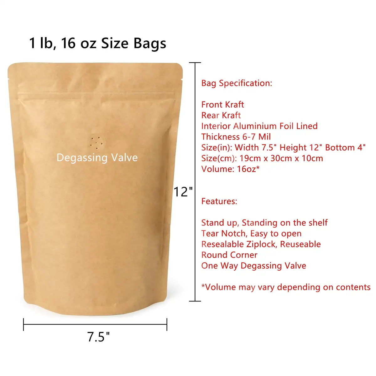Merryseason Natural Kraft Paper Food Storage Bag 16 oz | High Barrier with Valve & Resealable Zipper (454-500 g, Pack of 100) - view 2