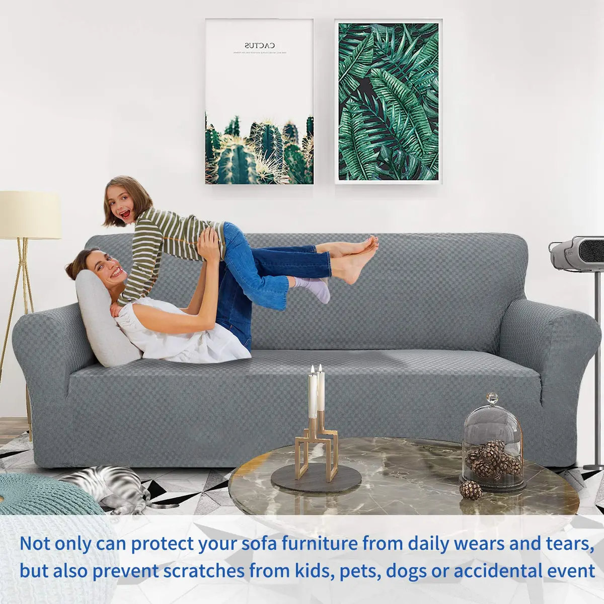 ZNSAYOTX 1 Piece Jacquard Couch Cover for 3 Cushion Sofa | High Stretch Furniture Protector Light Grey - view 2