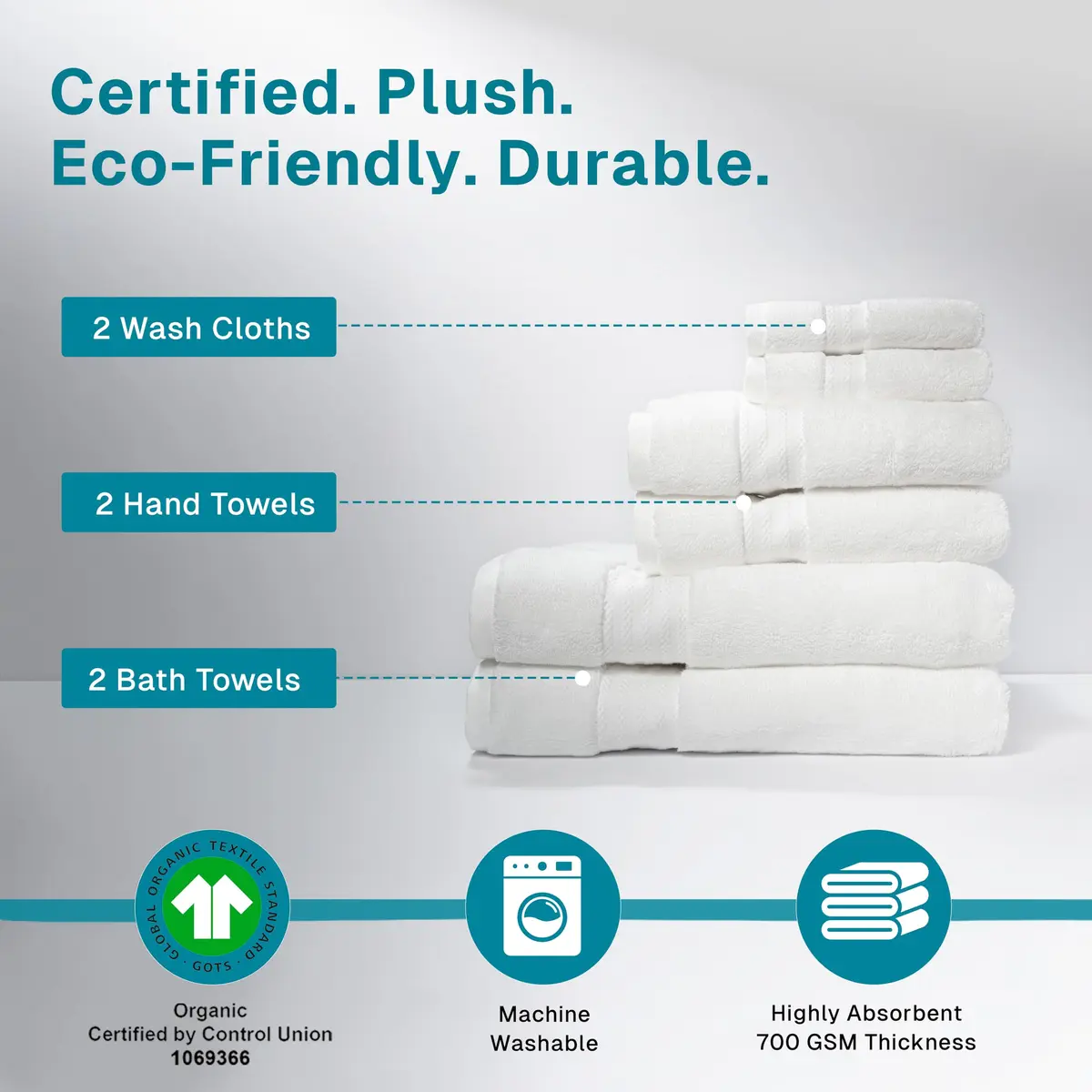 Fabdreams 100% Organic Cotton Bath Towel Set | GOTS Certified | 700 GSM | 6-Piece White - view 3