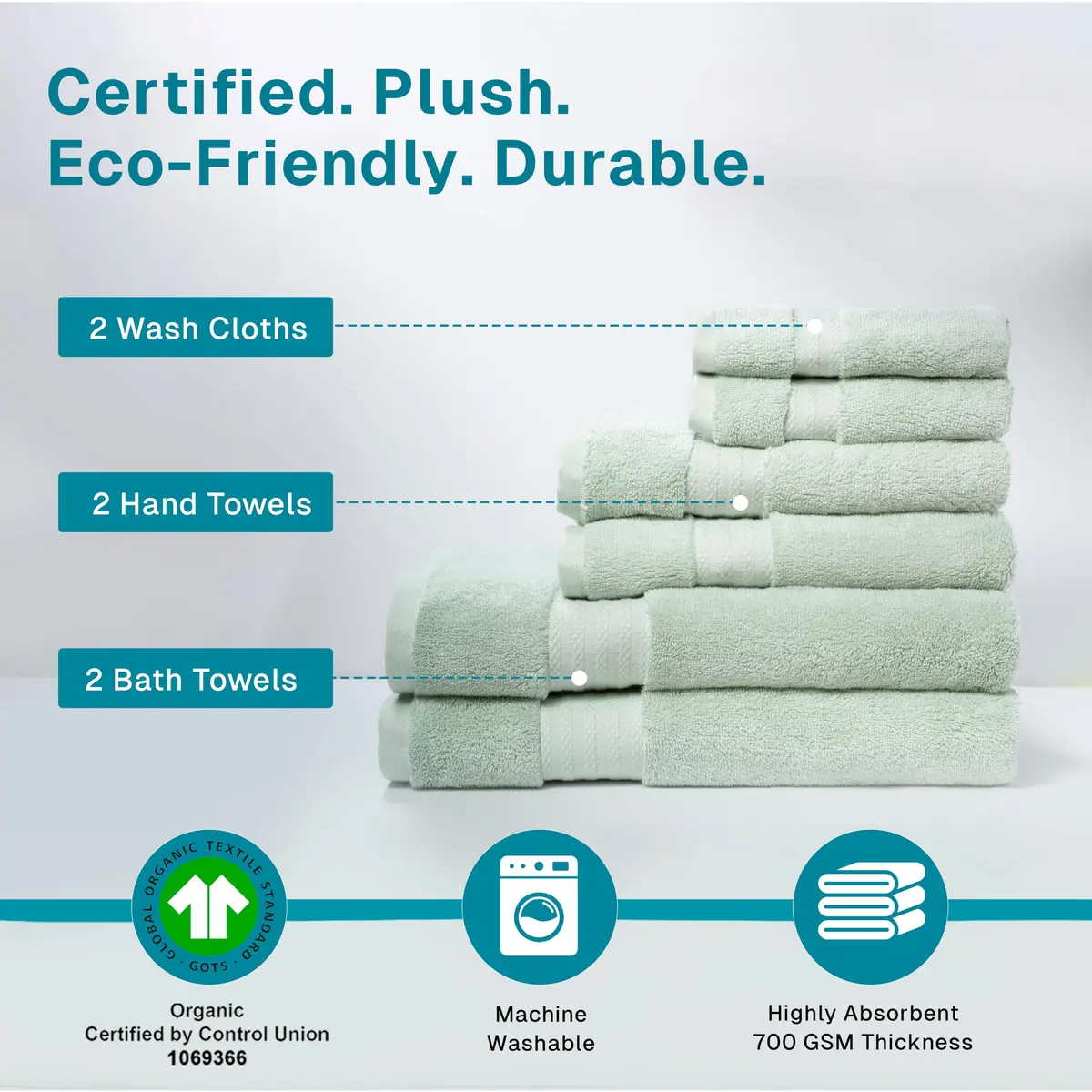 Fabdreams Organic Cotton Bath Towel Set of 6 | 700 GSM Plush & Absorbent for Spa & Home (Green) - view 3