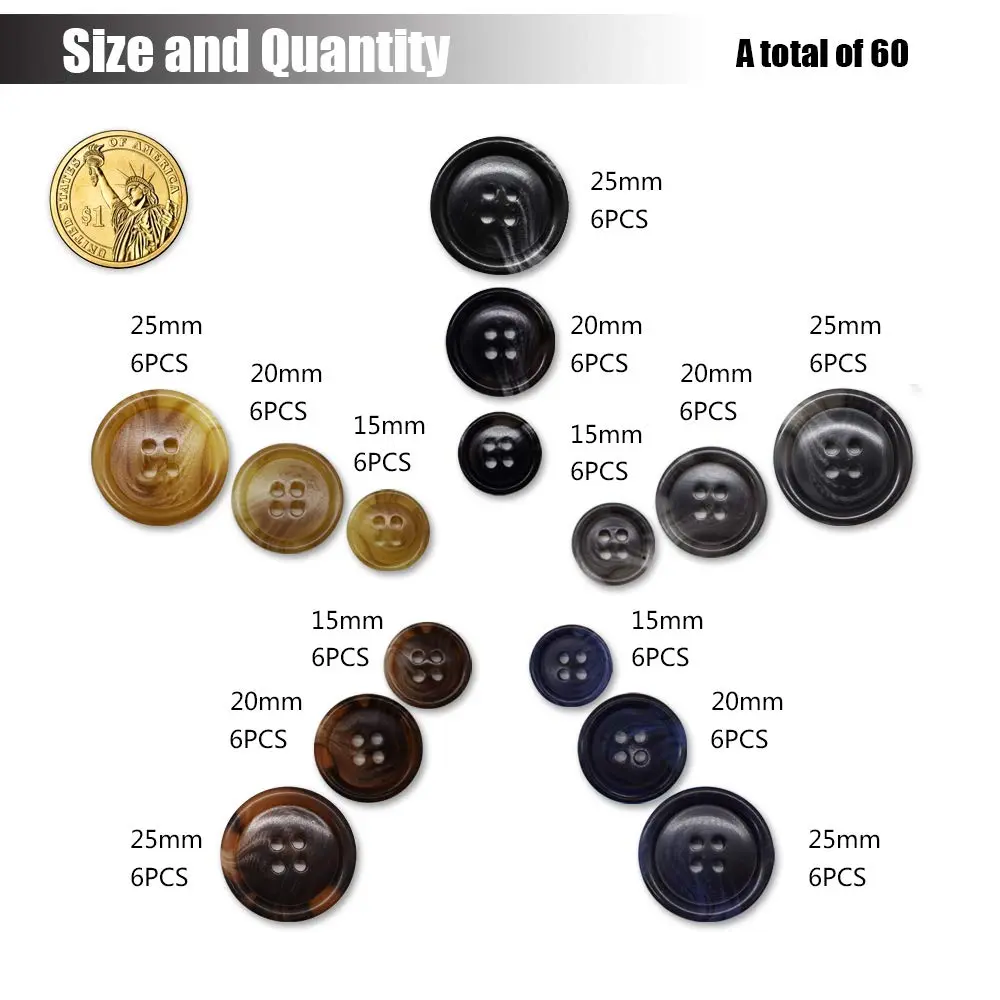 Renashed Faux Buffalo Horn Resin Buttons 15mm, 20mm, 25mm | 90-Piece Set for Suits & Coats - view 3