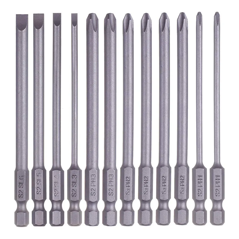 Rocaris 12 Pack 100mm (3.93") Hex Shank Magnetic Screwdriver Bits Set | S2 Steel, Slotted & Cross Head - main product image