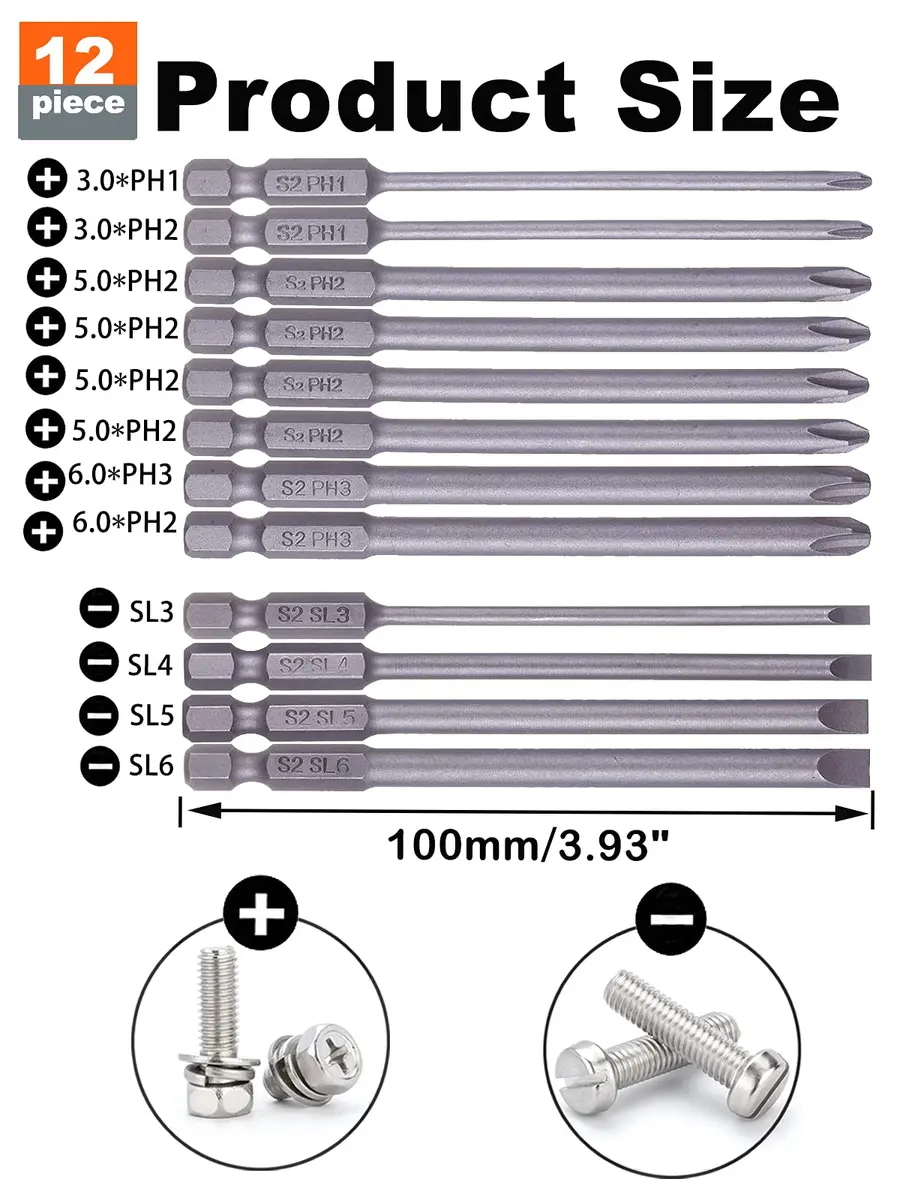 Rocaris 12 Pack 100mm (3.93") Hex Shank Magnetic Screwdriver Bits Set | S2 Steel, Slotted & Cross Head - view 2