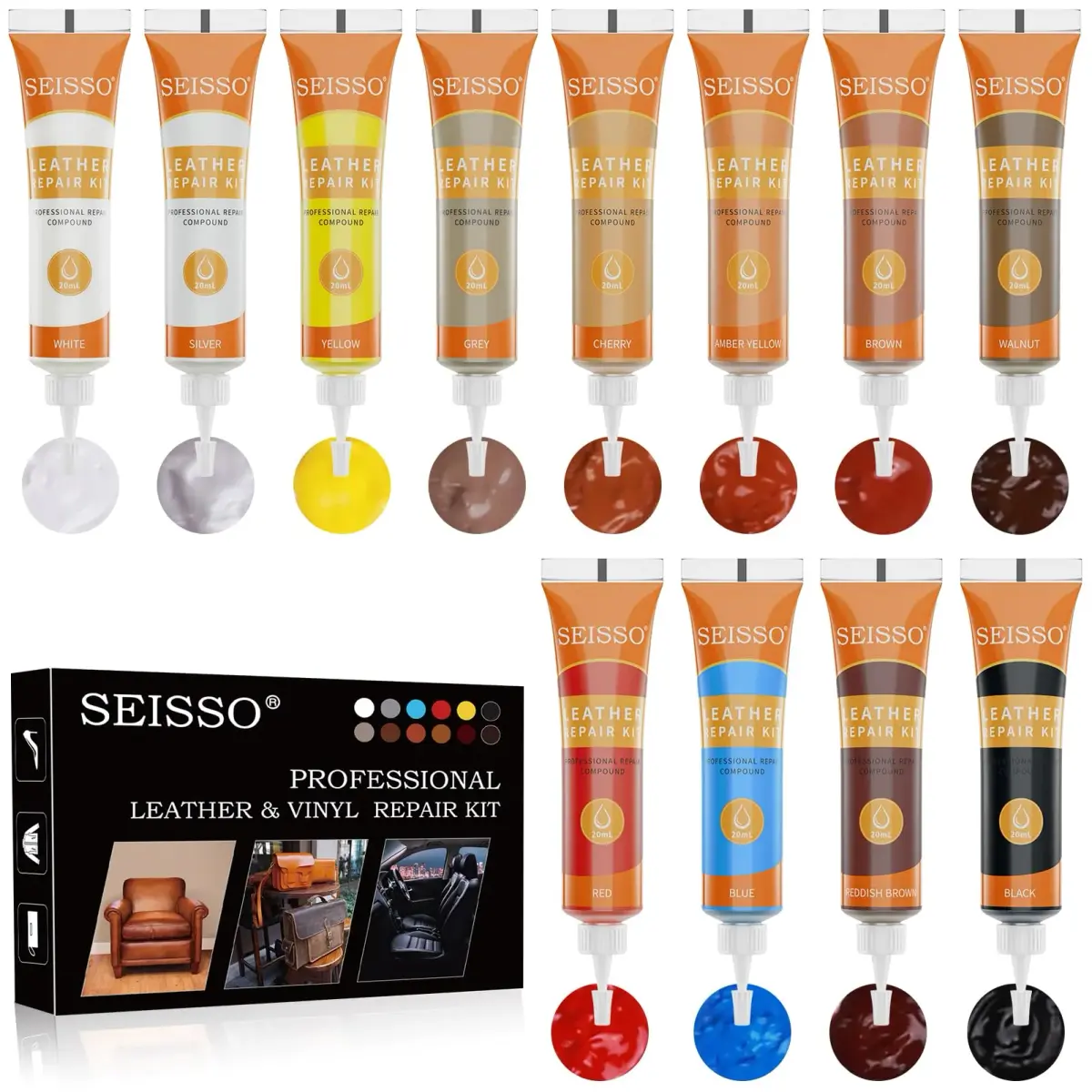 SEISSO 12 Colors Leather Repair Kit | Heavy Duty Vinyl, for Furniture Car Seats Couches Sofa Shoes Boat, Purses Jacket Leather Paint - main product image