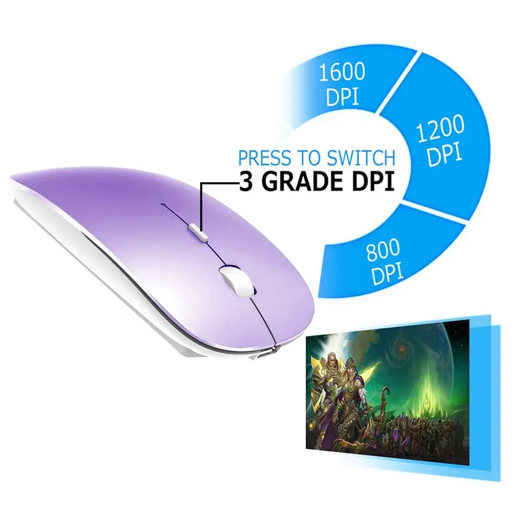 KLO Rechargeable Wireless Mouse - Bluetooth 5.2/3.0, Type-C, 2.4G USB | Silent Optical Mouse for Mac, Windows, iPad, Laptop (Purple, 1-Pack) - view 4