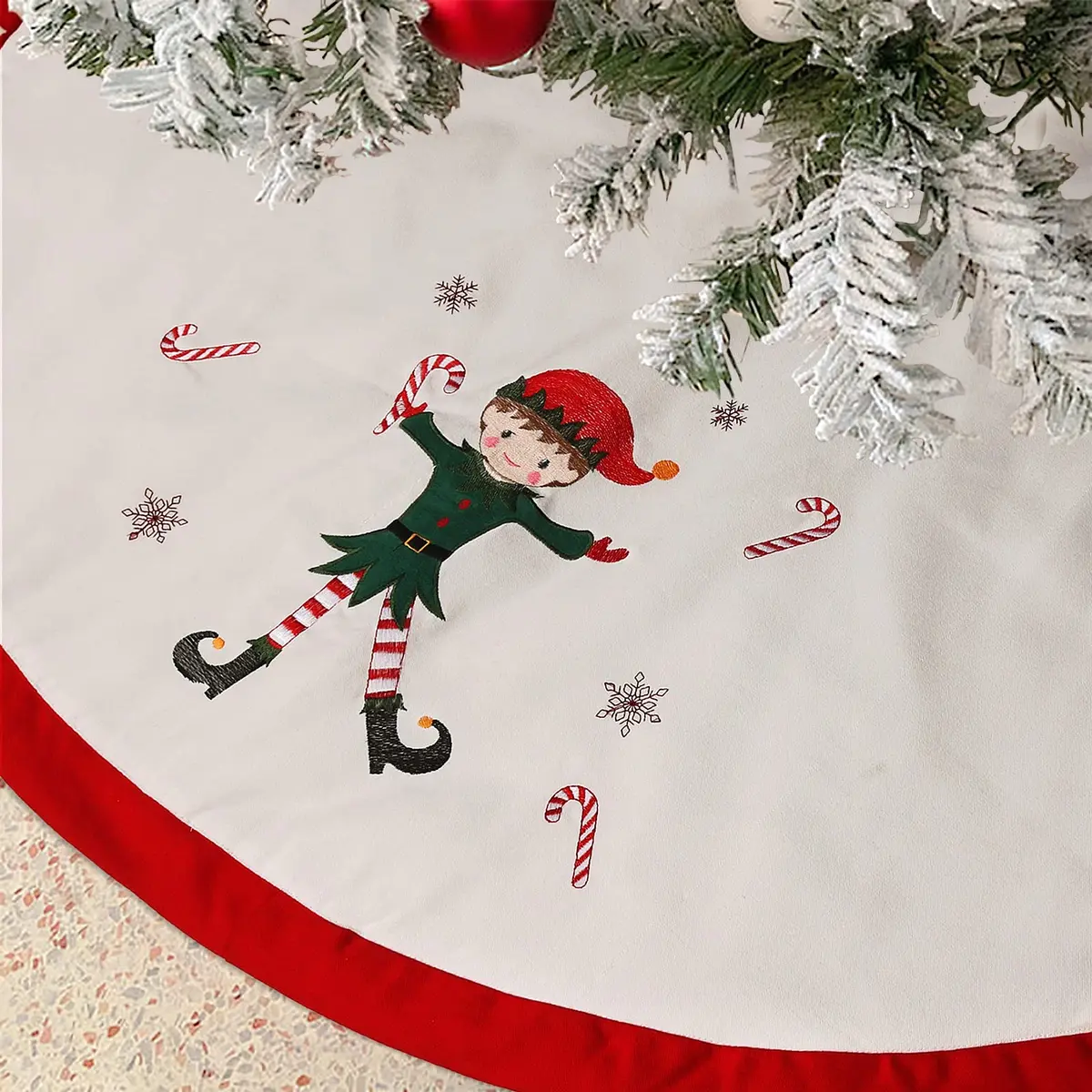 Zpiio Tree Skirt 48 inch | Rustic Embroidered Elf Design, Soft Padding, Large Size for Christmas Tree - view 6