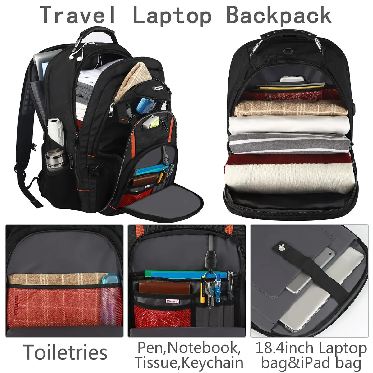 YALIXIAN Extra Large 18.4 Inch Laptop Backpack 55L (46.5cm x 41.4cm x 25.9cm) | Water Resistant RFID Anti-Theft Travel Backpack - view 2