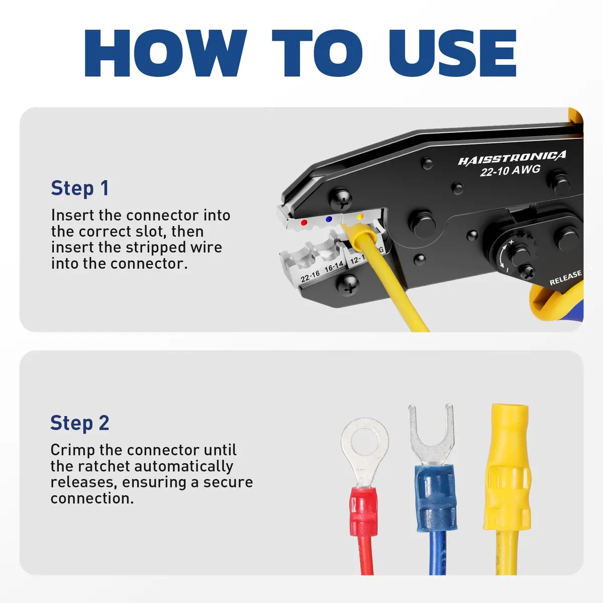 haisstronica Ratchet Crimping Tool for Insulated Terminals, AWG 22-10, 230mm (9 inch) | Professional Wire Crimper with Adjustable Star Wheel - view 8