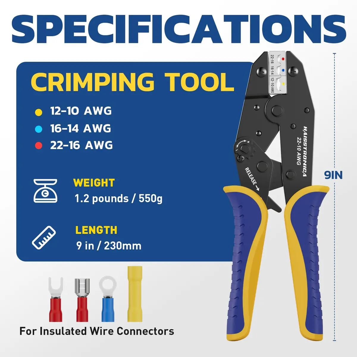 haisstronica Ratchet Crimping Tool for Insulated Terminals, AWG 22-10, 230mm (9 inch) | Professional Wire Crimper with Adjustable Star Wheel - view 2