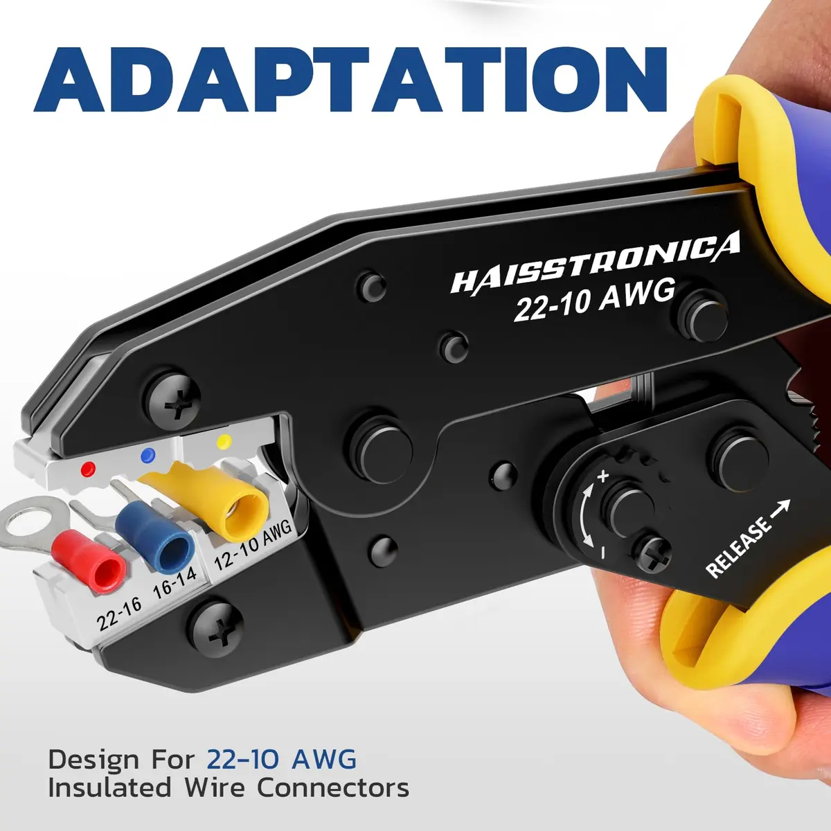 haisstronica Ratchet Crimping Tool for Insulated Terminals, AWG 22-10, 230mm (9 inch) | Professional Wire Crimper with Adjustable Star Wheel - view 3