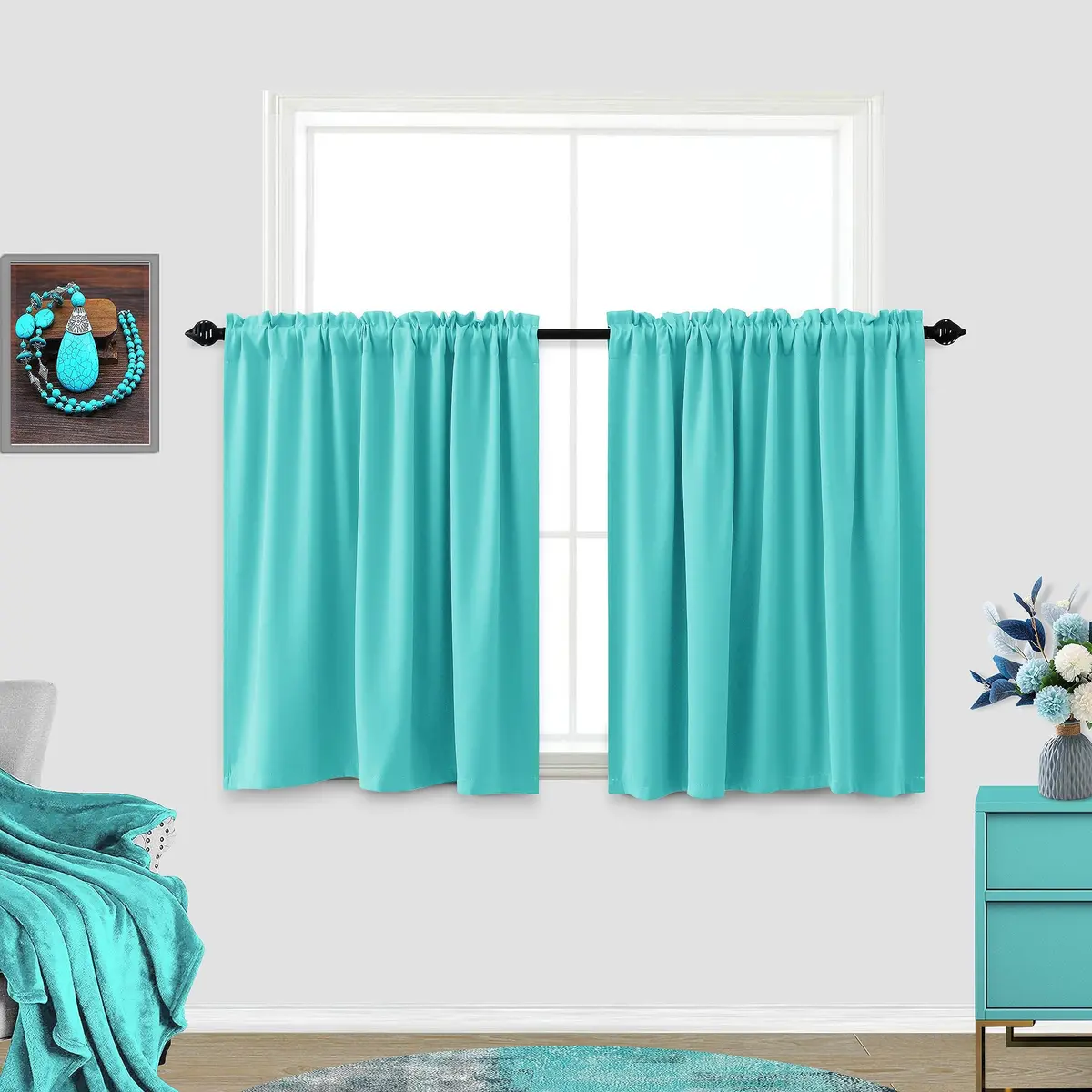 KOUFALL Turquoise Short Curtains - 24 Inch Length | Blackout Room Darkening, Rod Pocket, Set of 2 - main product image