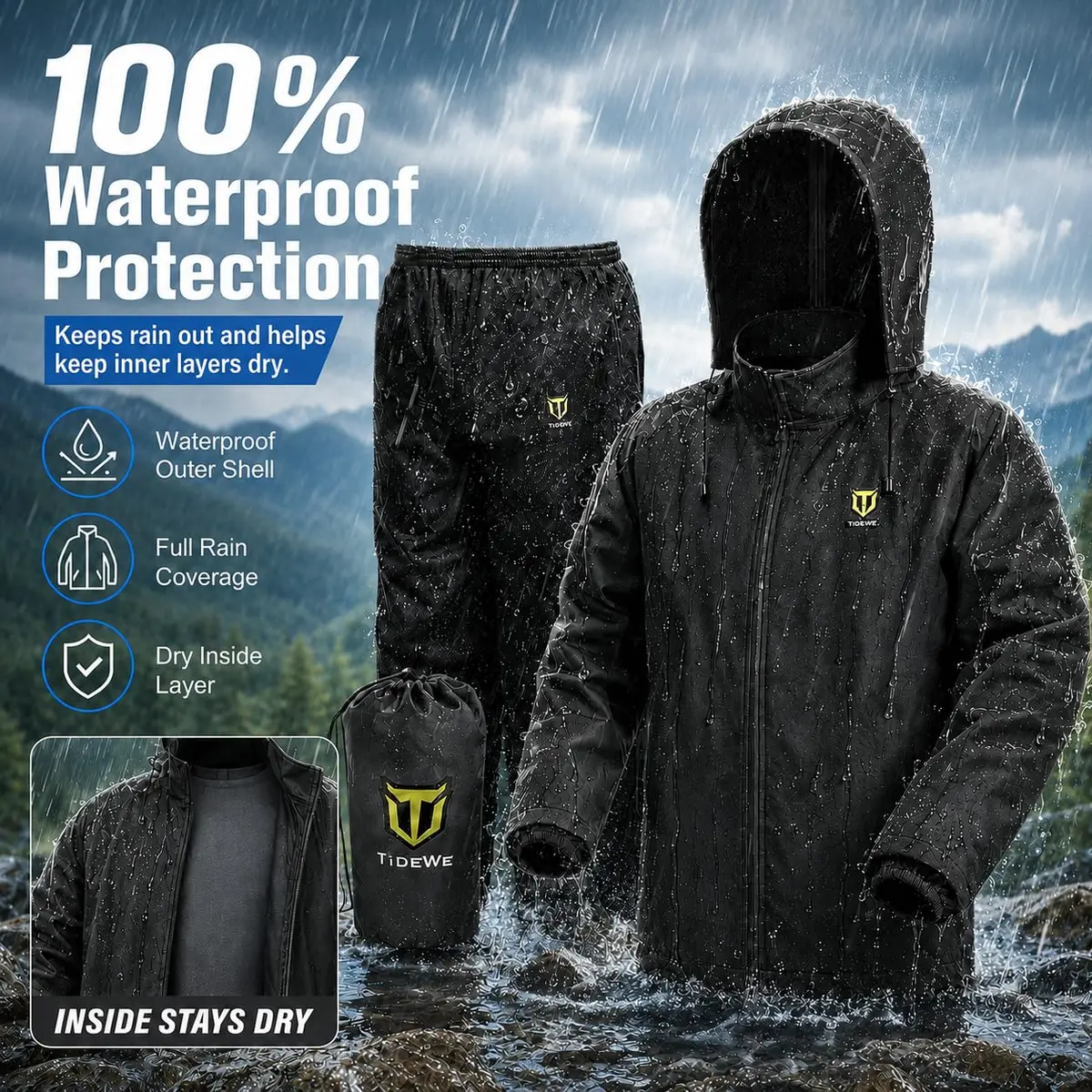 TIDEWE Rain Suit for Men, Waterproof Lightweight 2-Piece Rain Gear, Black | Breathable, Sealed Seams, Adjustable Fit - view 2