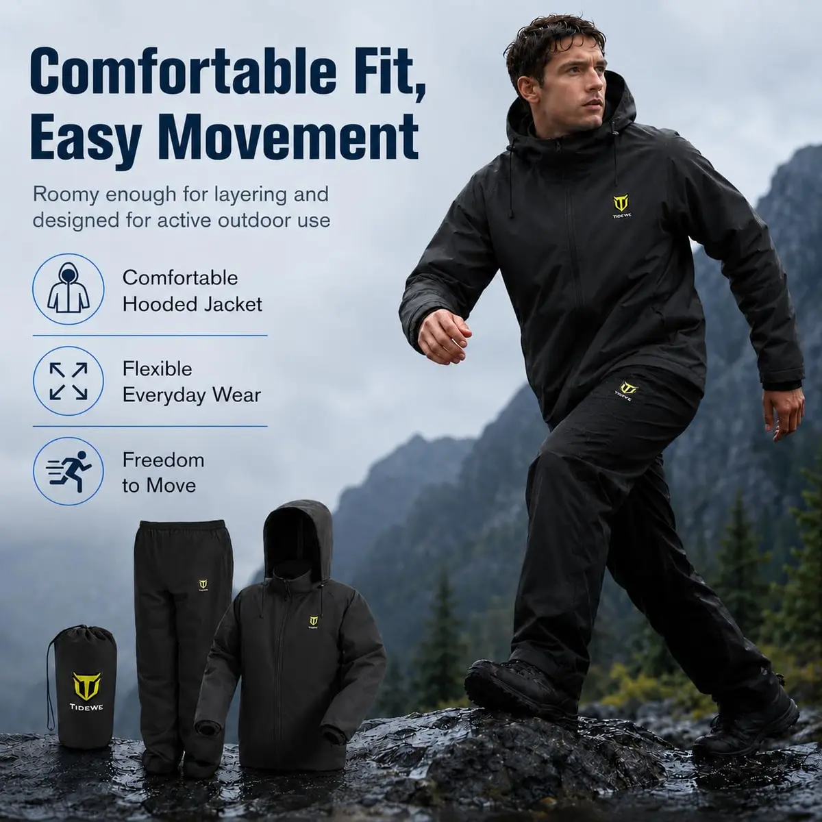 TIDEWE Rain Suit for Men, Waterproof Lightweight 2-Piece Rain Gear, Black | Breathable, Sealed Seams, Adjustable Fit - view 3