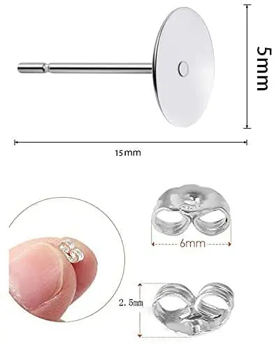 Moonear Sterling Silver Plated Flat Pad Earring Studs 5mm & 8mm | Hypoallergenic Jewelry Findings - view 5